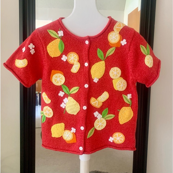 Susan Bristol Sweaters - Susan Bristol Lemons & Oranges Short Sleeve Red Cardigan Sweater